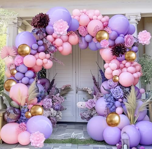 Pastel Balloons Arch Garland Kit Pink and Purple Balloons Double Stuffed Pastel Pink Lavender Lilac Metallic Gold Balloons Party Balloons for Baby Shower Birthday Wedding Bridal Party Decorations