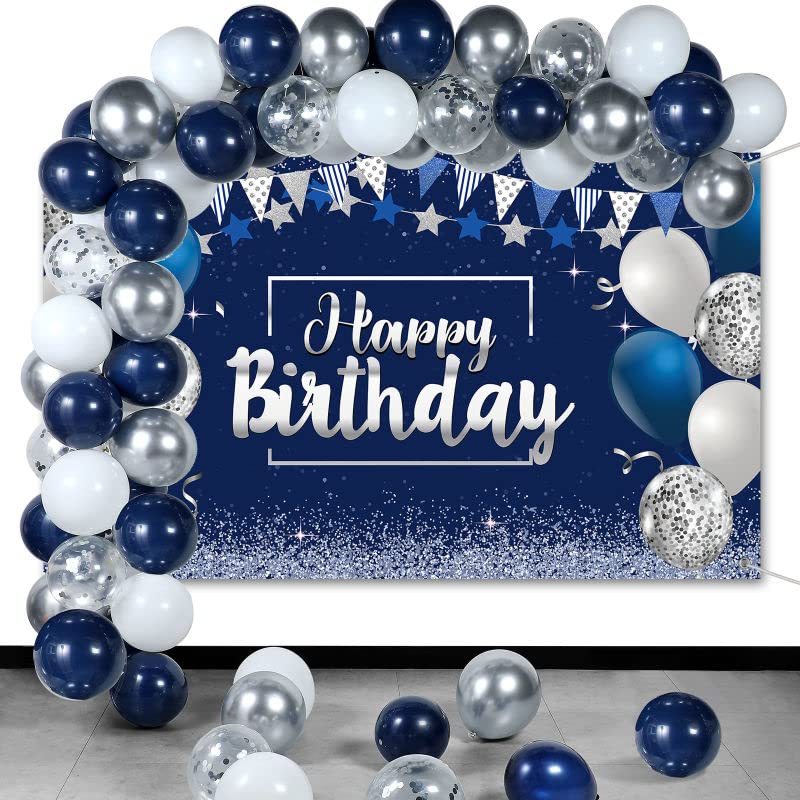 Navy Blue Birthday Confetti Balloons Kit Set 50 Pieces Blue Birthday Photography Backdrop Banner Package for Boys Girls Men Women Birthday Party Decorations Supplies (Navy Blue and Silver)