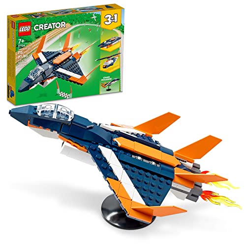 LEGO Creator 3 in 1 Supersonic Jet Plane Toy Set, Transforms from Plane to Helicopter to Speed Boat Toy, Buildable Vehicle Models for Kids, Boys and Girls 7 Plus Years Old, 31126