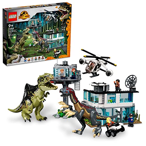 LEGO Jurassic World Giganotosaurus & Therizinosaurus Attack 76949 with 2 Dinosaur Toy Figures, ATV Car, Helicopter & Garage, Gifts for Kids, Boys and Girls