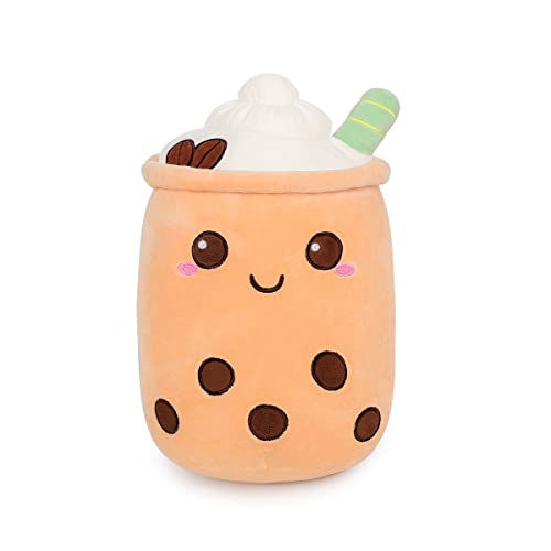 AIXINI 13.5 inch Stuffed Bubble Tea Plush Coffee Pillow Cartoon Cylindrical Milk Boba Tea Cup Pillow, Super Soft Kawaii Hugging Cushion Realistic Plush Food