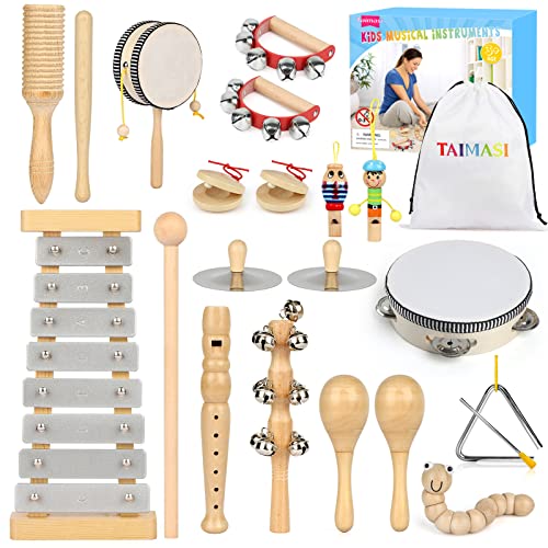 Kids Musical Instruments, 25Pcs 15 Types Wooden Percussion Instruments Tambourine Xylophone Toys for Kids Children, Preschool Education Early Learning Musical Toy for Boys and Girls