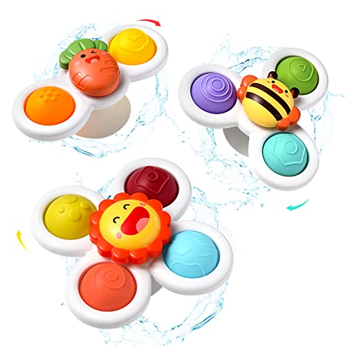 Hooku 3 Pcs Suction Cup Spinner Toys, Baby Fidget Spinner Toy, Spinning Toys for Toddlers 1-3, Sensory Toys Early Education Toys Bathtub Toy Dining Chairs Toys, Birthday Gifts for Baby Boy Girl