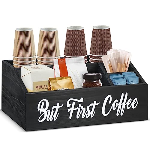 Y&ME YM Coffee Station Organizer for Counter,Wood Coffee Pods Holder Storage Basket Coffee Bar Accessories Organizer,Coffee Holder for Coffee Bar Decor, Coffee Lover (Black)