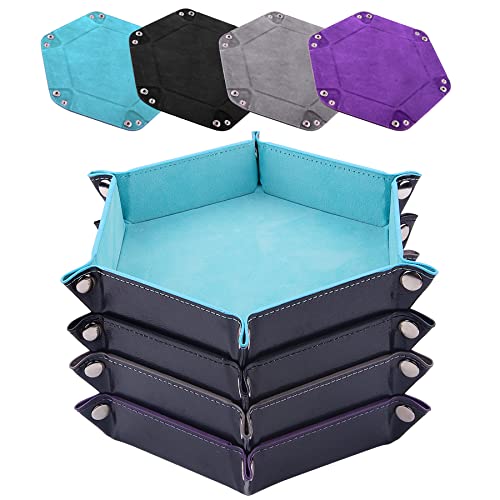 SIQUK 4 Pieces Dice Tray Set Foldable Dice Trays Hexagon Dice Rolling Tray PU Leather Dice Holder for Dice Games Like RPG, DND and Other Table Games (Light Blue, Black, Gray, Violet)