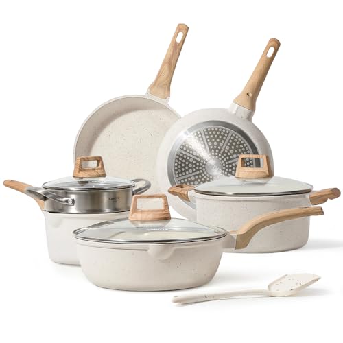 CAROTE Pots and Pans Set Nonstick, White Granite Induction Kitchen Cookware Set, 10 Pcs Non Stick Cooking Set w_Frying Pans & Saucepans(PFOS, PFOA Free)