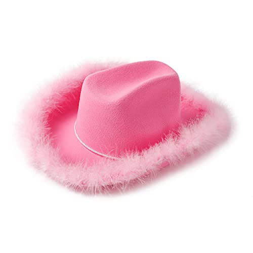 Amybasic Pink Cowboy Hat, Pink Cowgirl Hat, Pink Feather Boa Cowgirl Hat for Teengae Girls or Women