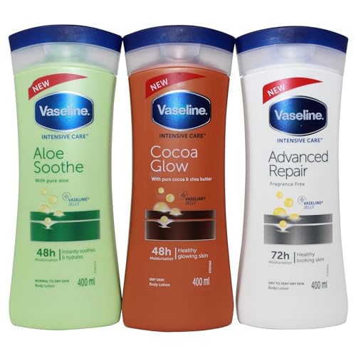 Vaseline Lotion Intensive Care 13.5 Ounce Variety Pack Advanced Repair Unscented, Aloe Soothe, Cocoa Glow,, 13.5 Fl Oz (Pack of 3)