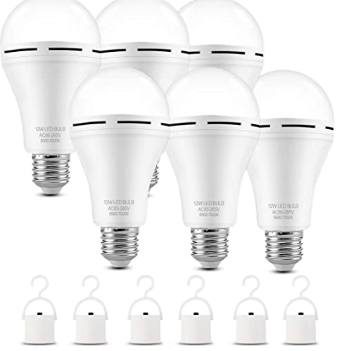 TFOI Rechargeable Emergency LED Light Bulbs for Home Power Failure Listed Battery Operated Light Bulb Power Outage Camping Reading Lighting Hurricane 12W 800LM E26 6 PK (Daylight)