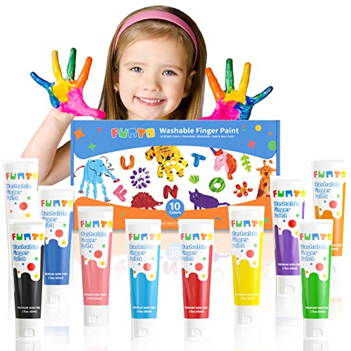 Funto Washable Finger Paint for Kids, Safe & Non-Toxic Finger Painting for Toddlers 1-3, Bath Paint, Toddler Art Supplies, Age 1 2 3 4 5 6+, 10 Assorted Colors(2.1 fl.oz)