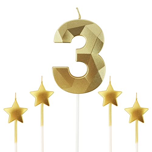 Golden Number 3 Birthday Candles and Star Birthday Candles 2.76 inch Birthday Cake Candles 3D Diamond Shaped Candles are Suitable for Birthday Parties and Anniversary Cake Decorations Candles(Gold 3)