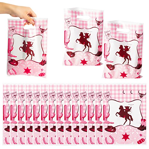 3sscha 50Pcs Pink Party Favor Bag Waterproof Goodie Bags with Die Cut Handles Plastic Candy Gift Bags for Birthday Baby Shower Decoration Supplies