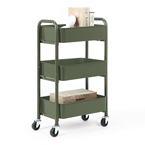 SunnyPoint 3-Tier Delicate Compact Rolling Metal Storage Organizer - Mobile Utility Cart Kitchen_Under Desk Cart with Caster Wheels (Army, Compact (15.5" X 26.8" X 10.27"))