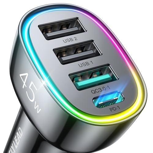 USB C Car Charger, 45W 4 Ports Super Fast Car Charger Adapter, PD3.0 & QC3.0 30W Type C Car Charger Compatible with iPhone 15_14_13_12_11, Samsung Galaxy S24 Ultra_S23, Cigarette Lighter USB Charger