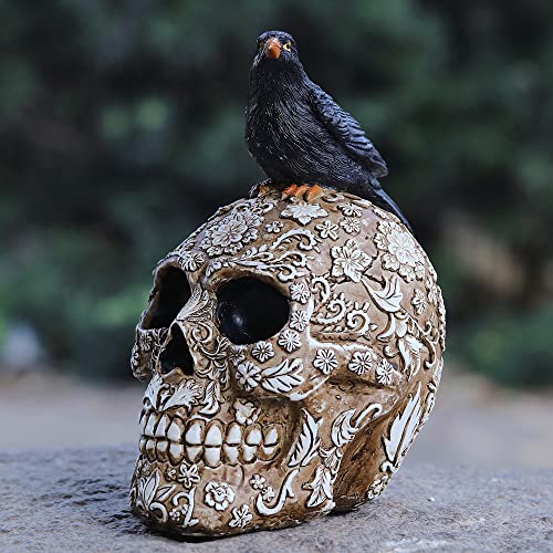 Arola Skull Head Sculpture Crow Decoration, Creative Flowers Skull Desktop Ornament，Skull Collectible for Home Office Desk Supplies.