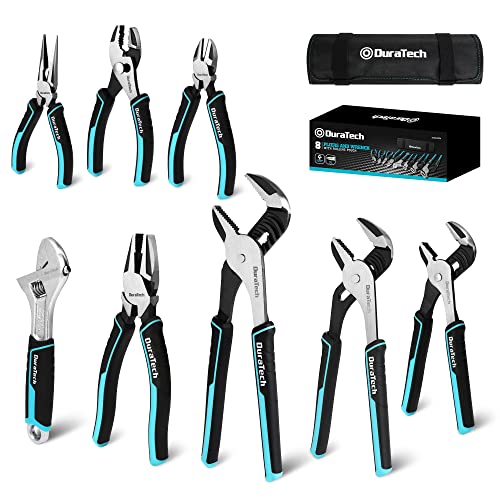 DURATECH 8-Piece Pliers Set with Rolling Pouch, Premium Cr-V_Cr-Ni Construction, (12", 10", 8" Groove Joint Pliers, 8" Adjustable Wrench, 8" Linesman, 6" Long Needle Nose, 6" Slip Joint, 6" Diagonal)