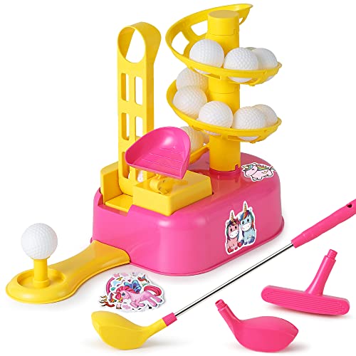 iPlay, iLearn Girl Golf Toys Set for 3 4 Year Olds, Toddler Outdoor Sport Gift, Kids Pink Outside Playset W_Left Right Club Head 15 Balls Unicorn Sticker, Active Birthday Gifts for Age 5 6 7 8 Child