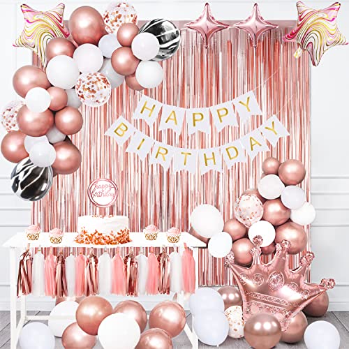 KATBUU Rose Gold Birthday Party Decorations, Happy Birthday Decorations with Happy Birthday Banner, Rose Gold Fringe Curtain Background, Rose Gold Balloons, Tassel Garland, Cake Topper