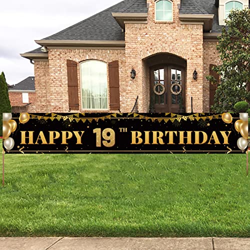 Large Happy 19th Birthday Decoration Banner, Black and Gold Happy 19th Birthday Banner Sign, 19th Birthday Party Decorations Supplies(9.8x1.6ft)