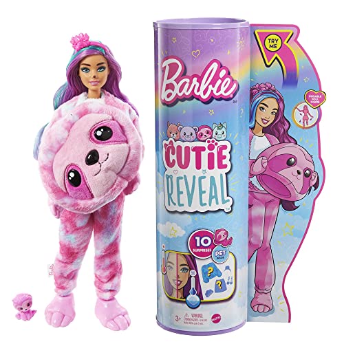 Barbie Cutie Reveal Doll, Fantasy Series Sloth Plush Costume, 10 Surprises Including Mini Pet & Color Change