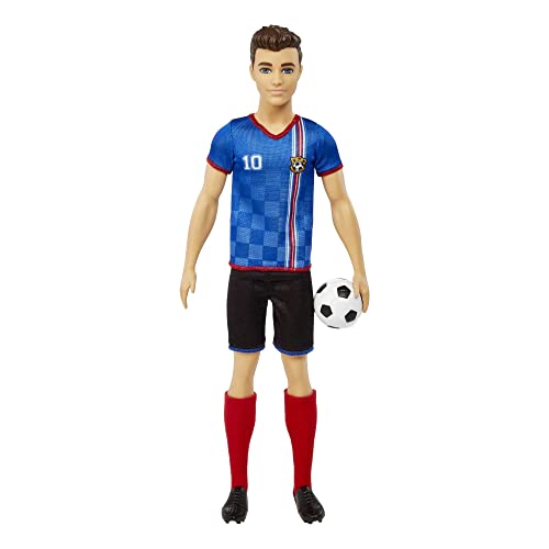 Barbie Soccer Ken Doll with Cropped Hair, Colorful #10 Uniform, Soccer Ball, Cleats & Tall Socks, Soccer Ball