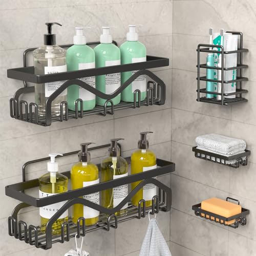 Coraje Shower Caddy, Shower Shelves [5-Pack], Adhesive Shower Organizer No Drilling, Large Capacity, Rustproof Bathroom Shower Organizer, Shower Shelf for Inside Shower (Black)