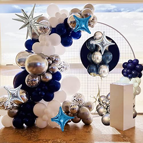 Navy Blue and Sliver Balloon Garland Arch Kit with Metallic Blue White Sliver Confetti Explosion Star Foil Balloon kit for Wedding Decorations, Baby Shower, Boy