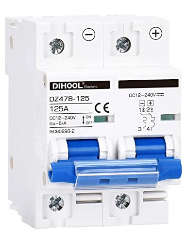 DIHOOL 125 Amp dc Circuit Breaker, 2-Pole 12V to 240 Volt DIN Rail Mount Solar Disconnect Switch for Battery