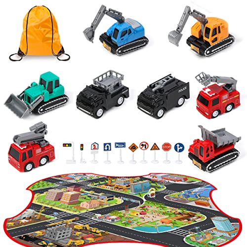 Meland Construction Toy Trucks - 8 Mini Boys Car Toys with Police Cars, Fire Rescue Cars, Playmat & Road Signs, Toddler Car Toys for Boys Age 3,4,5,6 Year Old Birthday Christmas