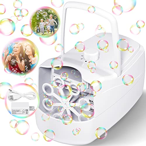 Bubble Machine, Automatic Bubble Blower Electronics Bubble Maker for Kids 10000+ Bubbles Per Minute with 2 Speeds, 8 Wands,Plug-in or Batteries Bubbles Toy for Outdoor_Indoor Party Birthday (White)