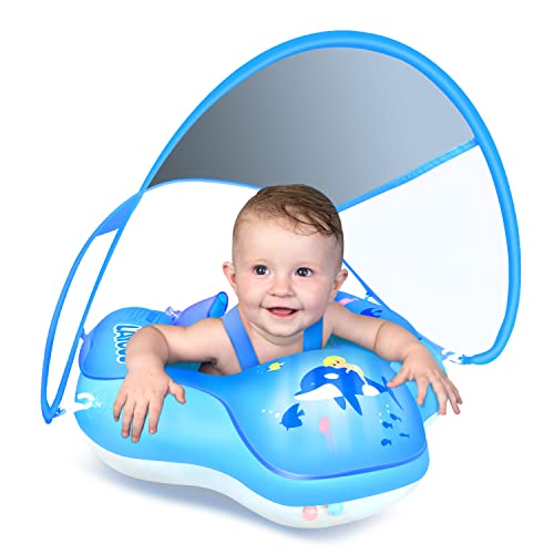 LAYCOL Baby Swimming Float Inflatable Baby Pool Float Ring Newest with Sun Protection Canopy,add Tail no flip Over for Age of 3-36 Months