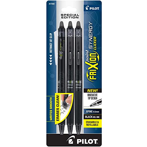 Pilot, FriXion Synergy Clicker Erasable, Refillable, Retractable Gel Ink Pens, Extra Fine Point 0.5 mm, Pack of 3, Black