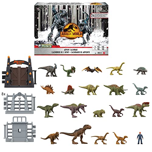 Mattel Jurassic World Dominion 2023 Holiday Advent Calendar, 24-Day Countdown, Daily Surprise of Mini Dinos, Humans & Gate Pieces