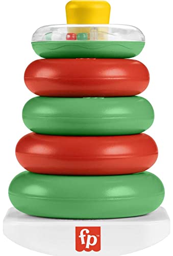 Fisher-Price Baby Stacking Toy Holiday Rock-A-Stack with 5 Rings and Bat-at Rocker Base for Ages 6+ Months, Red & Green