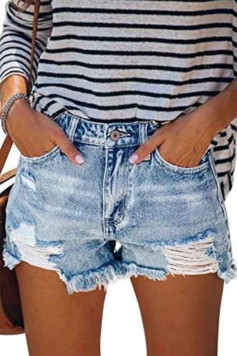 MINGALONDON Denim Shorts for Women Casual Mid Waist Cutoff Frayed Hem Stretchy Jean Shorts Light Blue S