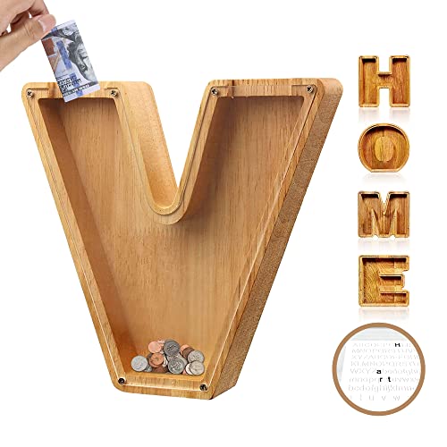 Piggy-Bank for Kids Boys Girls Large Piggy Banks 26 English Alphabet Letter,Personalized Wooden,Transparent Money Saving Box Custom Text Name DIY Creative Gift for Real-Money (V)