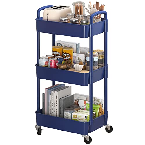 Sywhitta 3-Tier Plastic Rolling Utility Cart with Handle, Multi-Functional Storage Trolley for Office, Living Room, Kitchen, Movable Storage Organizer with Wheels, Blue