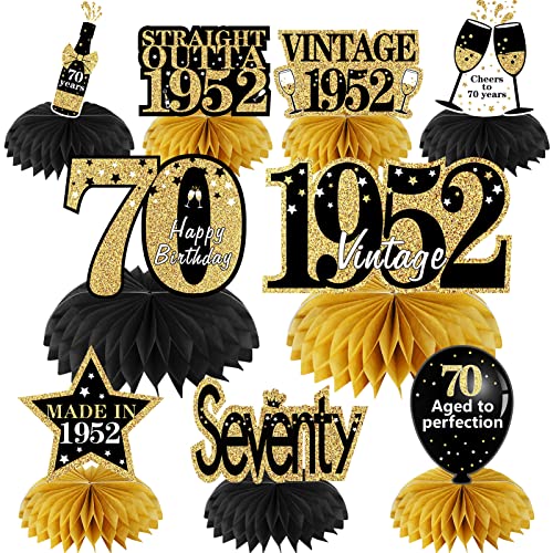 9 Pcs 70th Birthday Decorations Honeycomb Centerpieces for Women Men, Black Gold Vintage 1952 Aged to Perfection Table Centerpiece Toppers Party Supplies, 70 Years Birthday Party Table Sign Décor