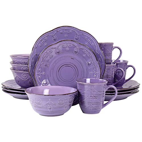 Elama Rustic Birch 16 Piece Stoneware Dinnerware Set in Purple, Purple with Brown Accents, (EL-RUSTICBIRCH)