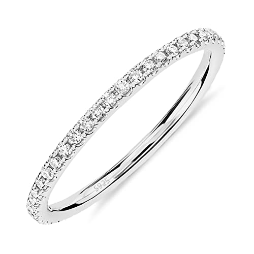 PAVOI Rhodium Plated 925 Sterling Silver Stackable CZ Ring for Women | Thin Band for Stacking | Simulated Diamond Eternity Wedding Band | Size 10