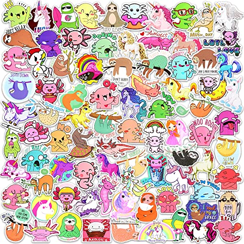 DETICKERS 130PCS Axolotl Stickers for Water Bottles Cute Animal Unicorn Stickers for Kids Girls&Boys Waterproof Sloth Vinyl Stickers Pack