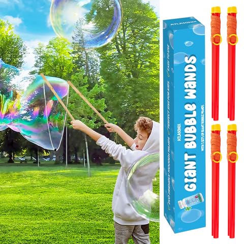 Atlasonix Giant Bubble Wand, Giant Bubble Maker, Big Bubble Wand, Large Bubble Wand, Bubble Sticks, Outdoor Toys for Kids, Bubble Kit, 4 Wands & Bubble Mix for Making 2 Gallons of Bubble Solution