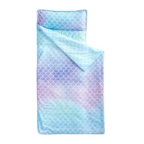 Wake In Cloud - Extra Long Nap Mat with Removable Pillow for Kids Toddler Boys Girls Daycare Preschool Kindergarten Sleeping Bag, Mermaids Scales in Gradient Pink Purple Blue, 100zz Soft Microfiber