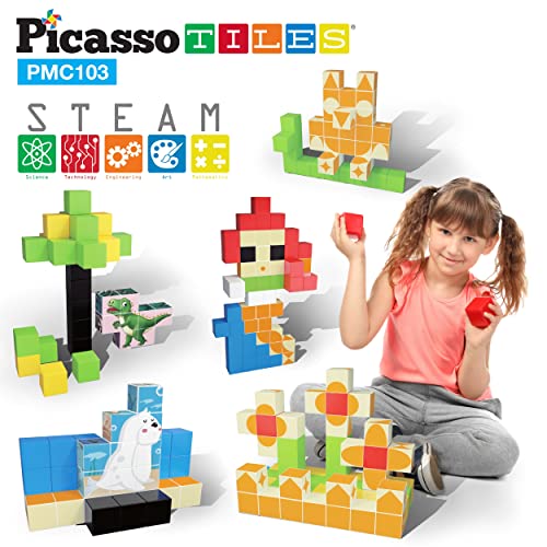 PicassoTiles 103 Pieces 1" Magnetic Toy Building Block Cubes Building Block, 3D Cube Construction Cubes Magnet Sensory Toys Gifts Educational with Free Idea Book for Kid, Boy, Girl & Toddler PMC103