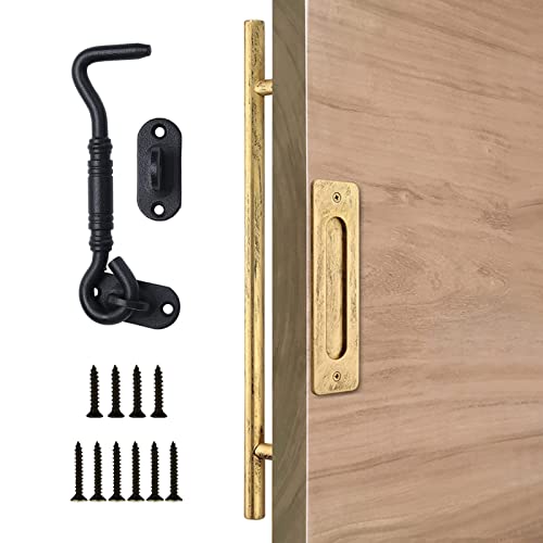 MIWOOYY 24 inch Barn Door Handle Retro Gold - Handmade Rustic Sliding Barn Door Pull Flush Handles with Hook Lock Latch Set, Barn Door Gate Garage Hardware Kit