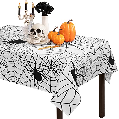 Halloween Tablecloth Rectangular Spider Web Table Cloths, Spillproof Washable Polyester Tablecover - Perfect for Halloween Party Decorations, White, 60 x 104 inch