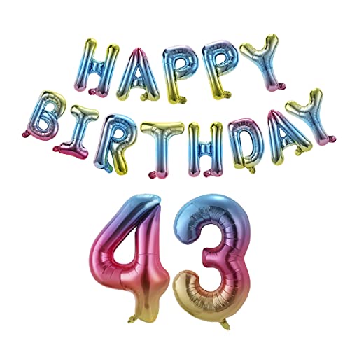 Birbirth 40 inch HAPPY BIRTHDAY Number 43 Banner Balloons letters Rainbow Theme Gradient Colorful for men and women,Aluminum Foil Balloons 43rd Party Decorations Supplies