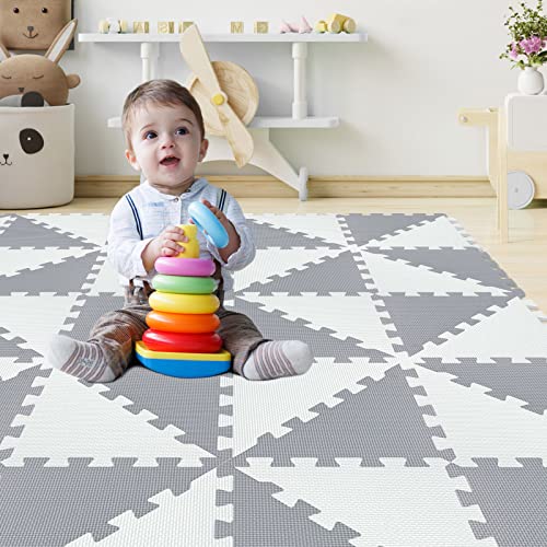 qqpp EVA Rubber 36 Tiles Triangle Interlocking Puzzle Foam Floor Mats - Baby Play Mat for Playing | Exercise Mat for Home Workout. White, Gray. QT-ALb18N