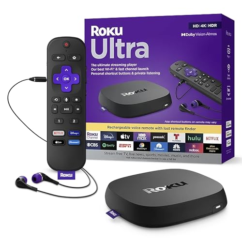 Roku Ultra | The Ultimate Streaming Device 4K_HDR_Dolby Vision_Atmos, Rechargeable Roku Voice Remote Pro, Ethernet Port, Hands-Free Controls, Lost Remote Finder, Free & Live TV