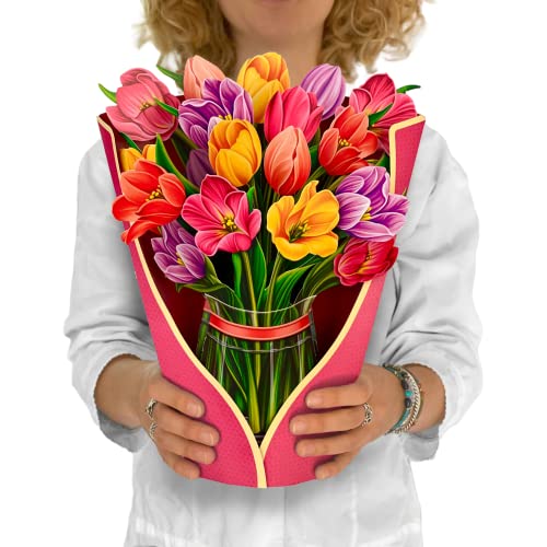 Freshcut Paper Pop Up Cards, Paper Flower Bouquet 3D Popup Greeting Cards with Note Card & Envelope, Birthday Card, Anniversary Card, Get Well Gifts for Women, 12" Festive Tulips